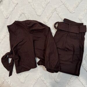 Express 2-Piece Linen Set - Brown Tie Front Top & High-Rise Shorts, Size M/6